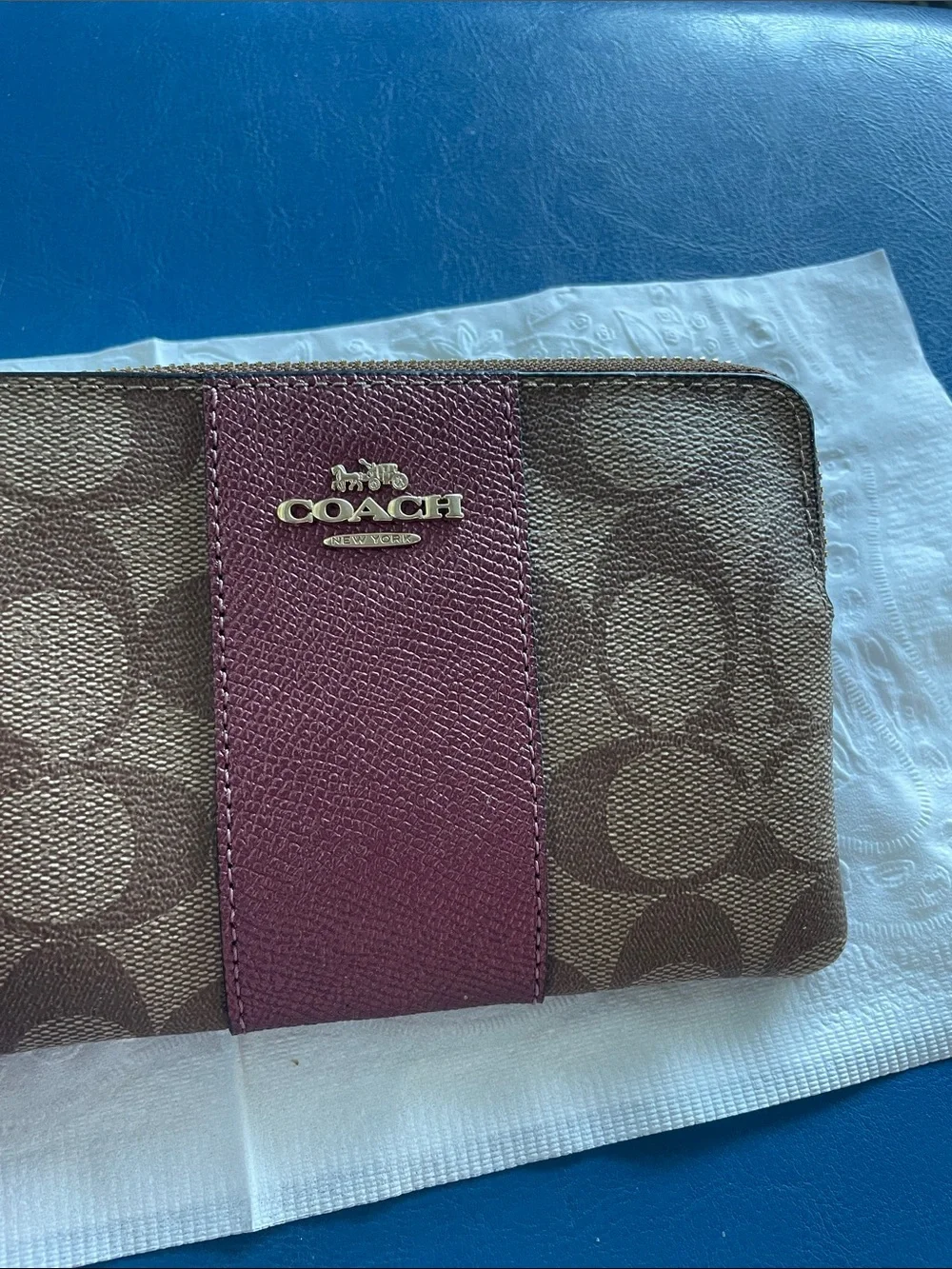 Coach Brown Signature Canvas Wristlet with Rose Stripe